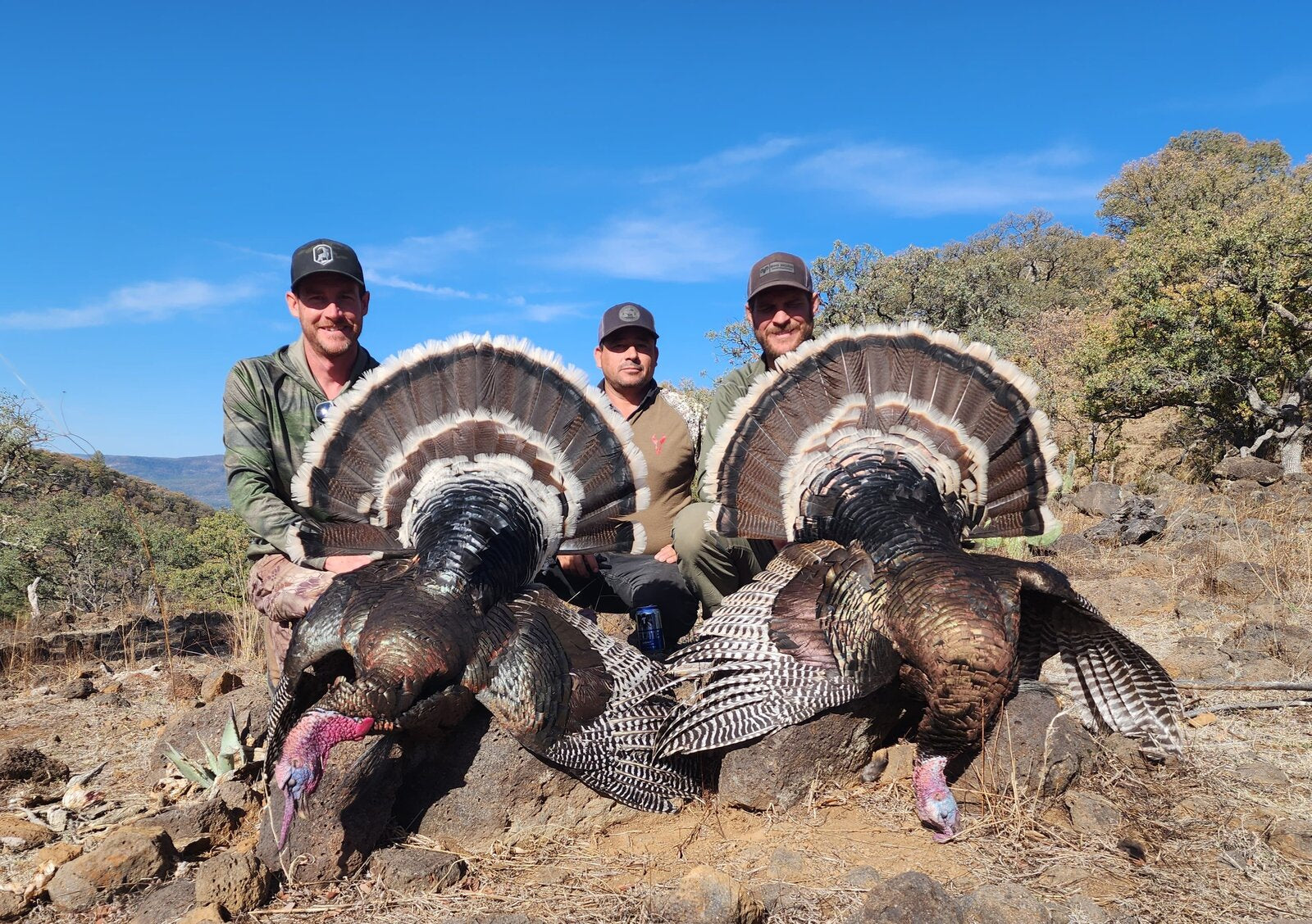 Hunters with a limit of turkeys in the field